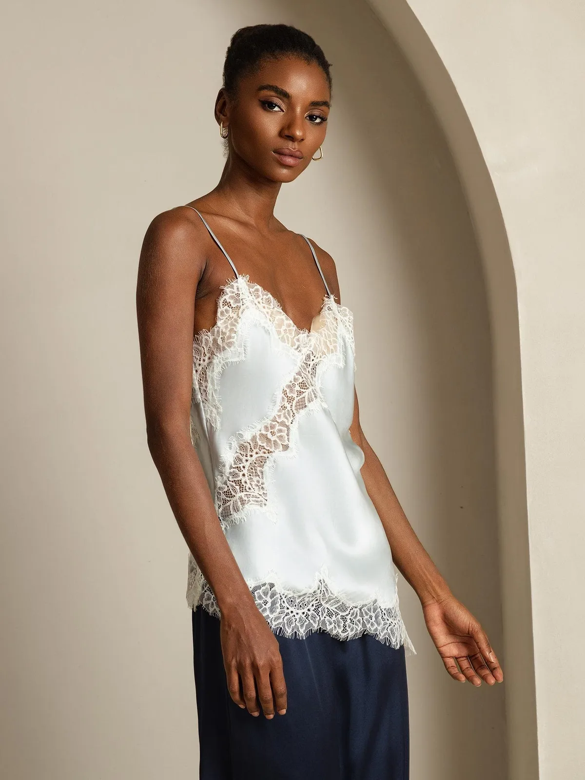 100% Mulberry Silk Spaghetti Straps Lace Camisole Top with Asymmetrical Hem — image 3