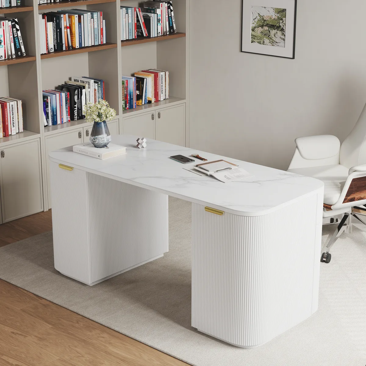 Modern White Ash Wood Rectangle Desk & Reclining Leather Office (63.8") — image 24