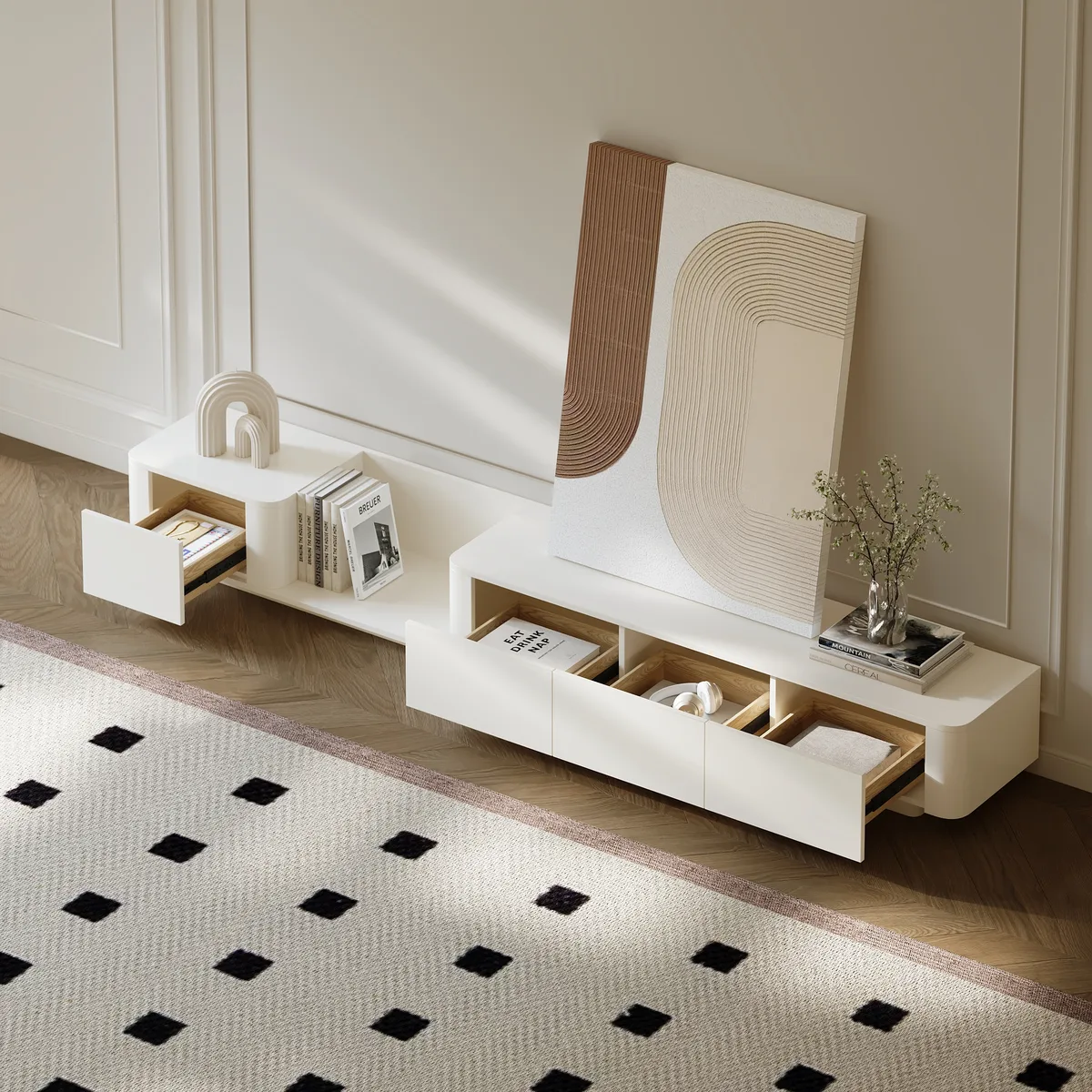 107.8" Off White Modern Wood Extendable TV Stand with 4 Drawer Retracted Cream Media Console — image 5