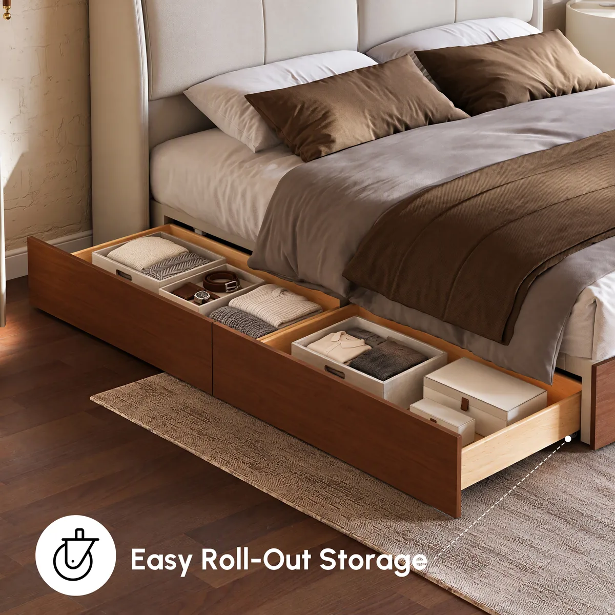 Modern King Genuine Leather Storage Solid Wood Bed with Adjustable Headboard — image 7