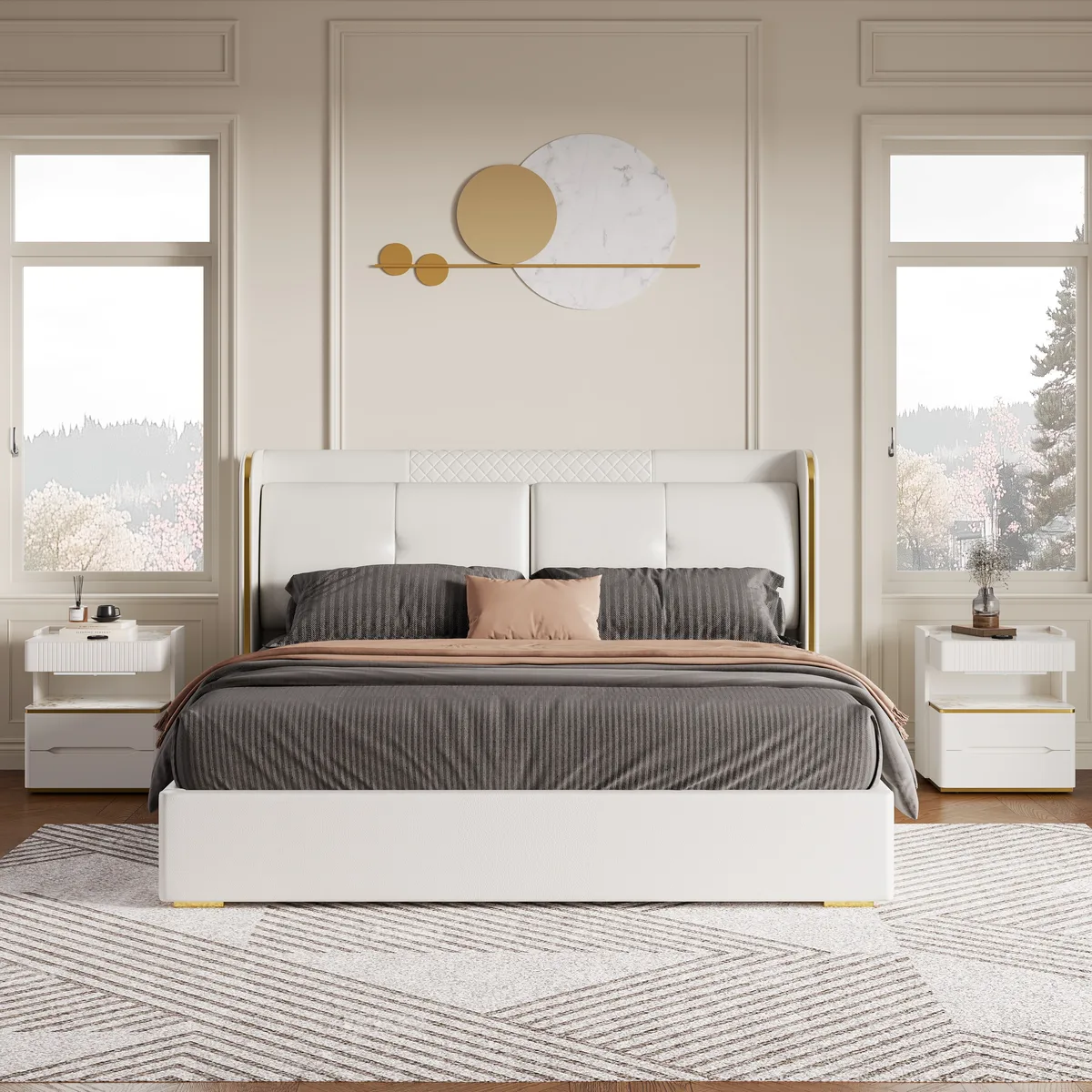 Homary White Wingback King Bed with Faux Leather Upholstered Foam Padding Headboard & Nightstands Set with Wireless Charger & Sensor Light