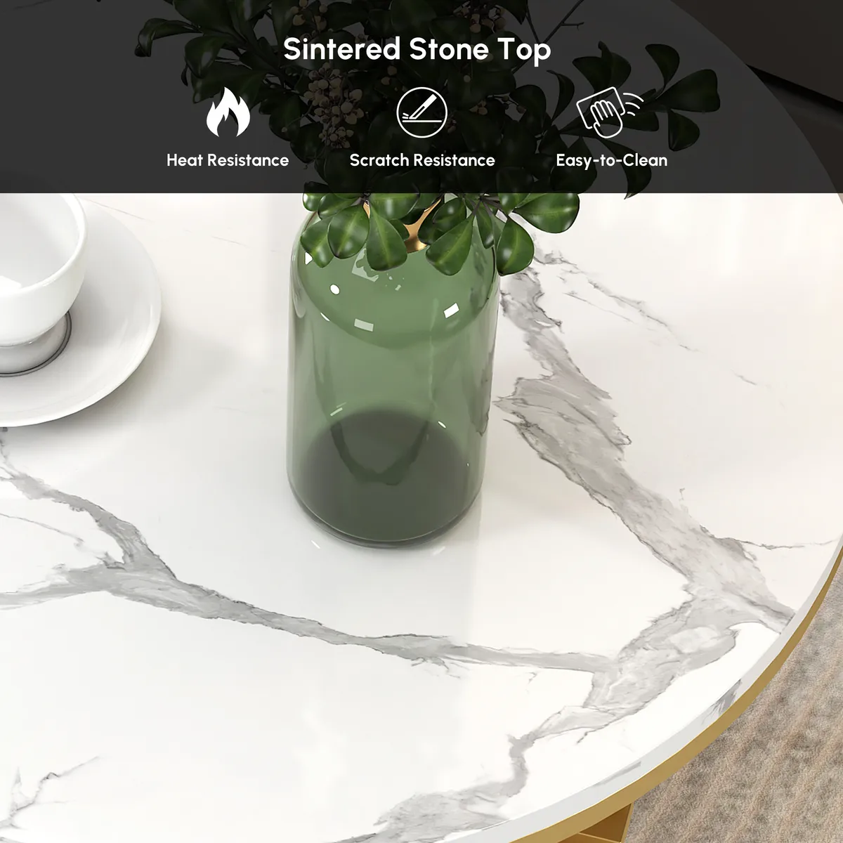 Round Marble Tabletop End Table with Metal Frame Modern Black & Gold Side Table — image 9