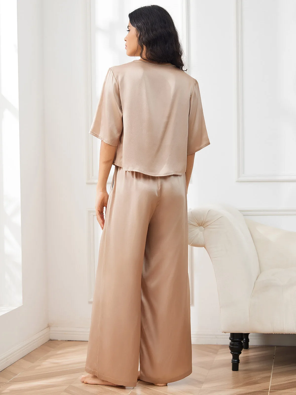 Women's 100% Mulberry Silk Half Sleeve Round Neck Pajamas Set — image 5
