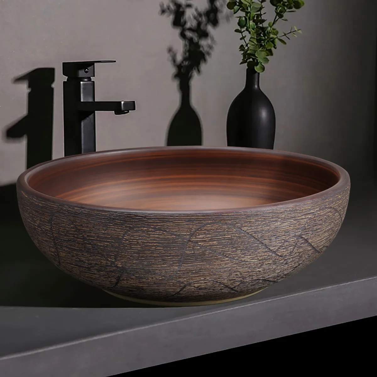15.7" Ceramic Round Bathroom Vessel Sink Retro Washbasin