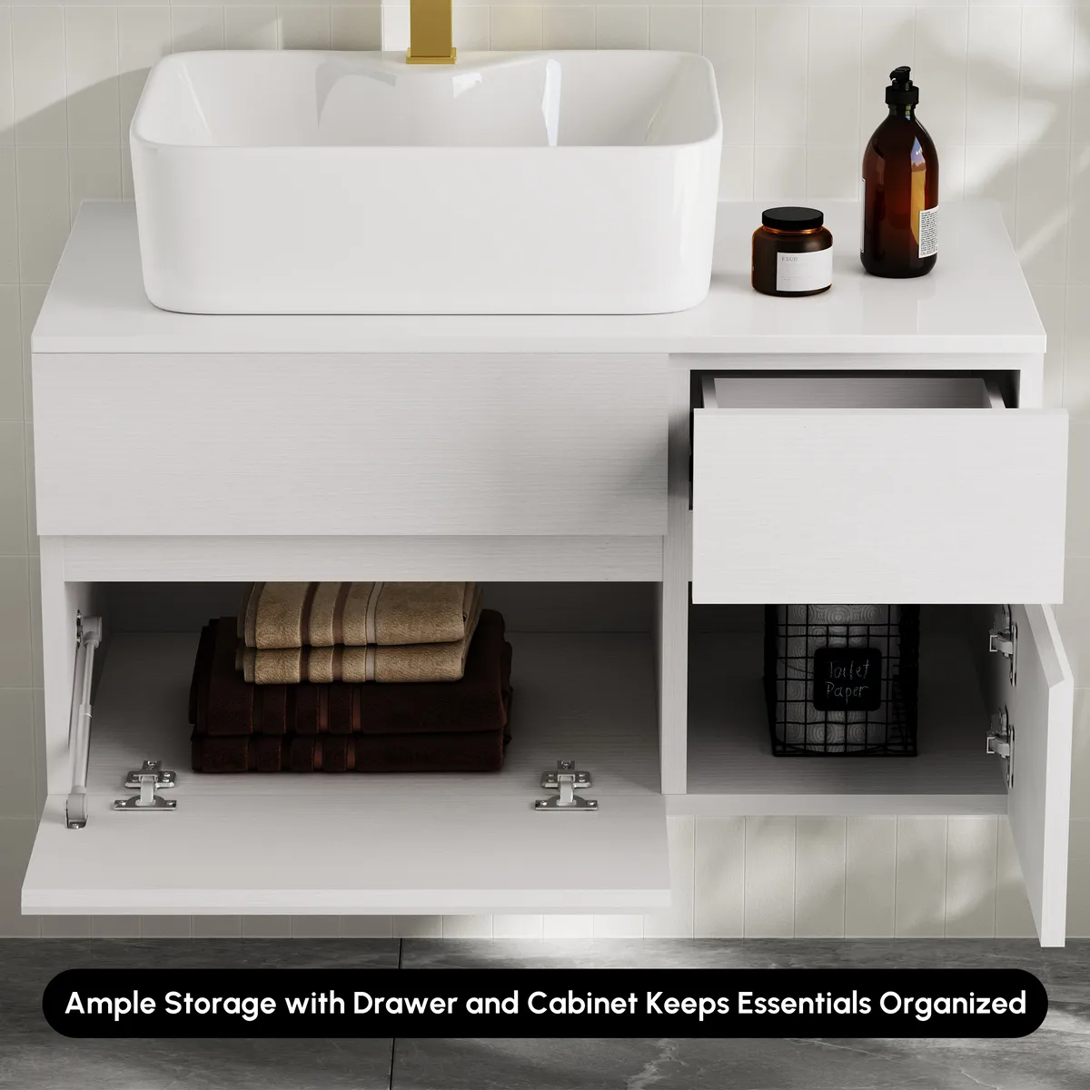 31.5" Walnut Floating Bathroom Vanity Left Offset Ceramic Vessel Sink — image 19