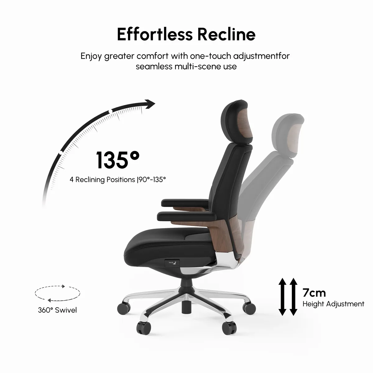 Black Genuine Leather Swivel Office Chair with Ergonomic Synchro-Tilt Recline System — image 7