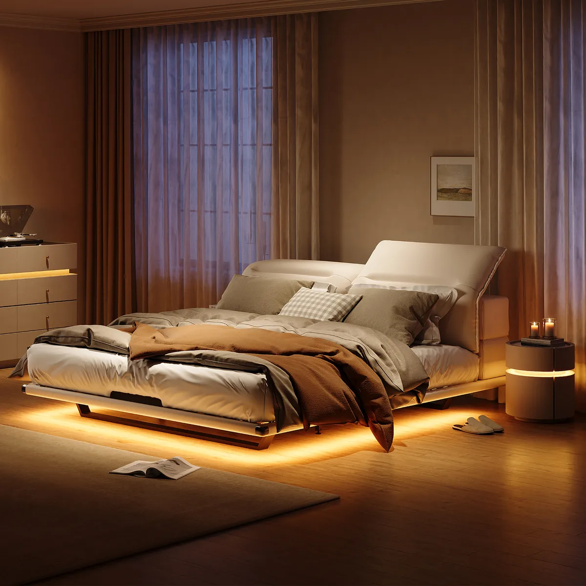 Modern King Size Floating Bed Frame with Light & Adjustable Headboard — image 2