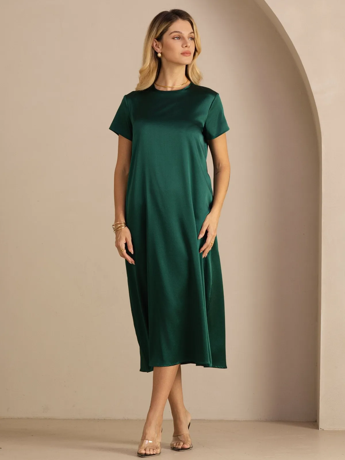 19Momme Silk Short Sleeve Crew Neck Midi Dress With Side Pockets — image 5