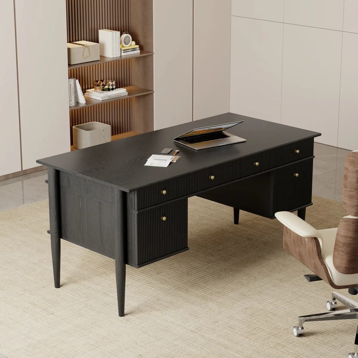 Mid-Century Solid Wood Home Office Desk with 6 Drawers — image 3