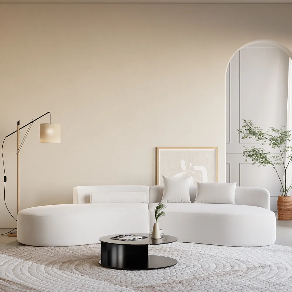 109" Modern White Curved Velvet Sectional Sofa 2 Piece 4-Seater Chaise with 3 Pillows — image 3