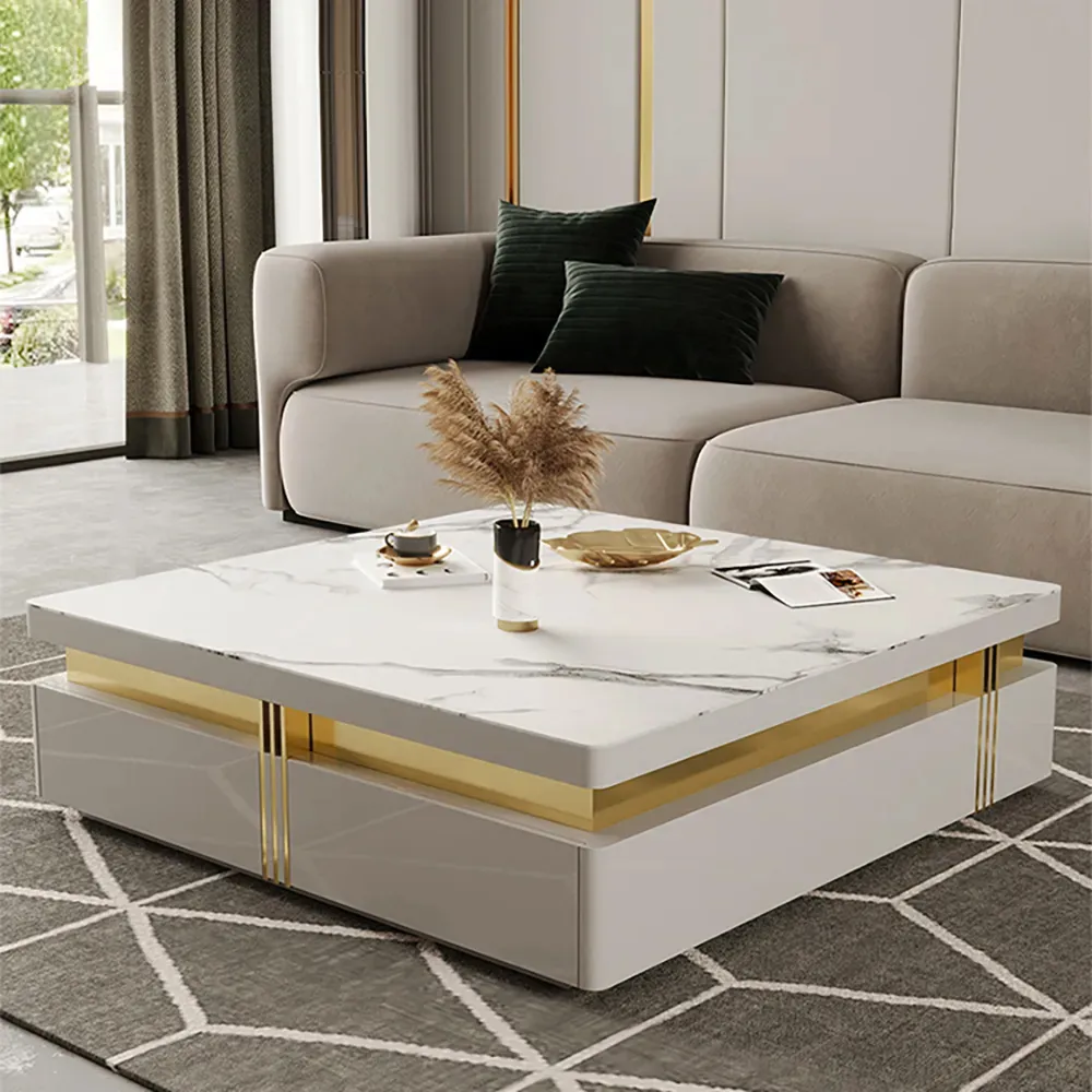 Trimied 43" Modern Black Square Storage Coffee Table Stone Top & 4 Wood Drawers — image 11