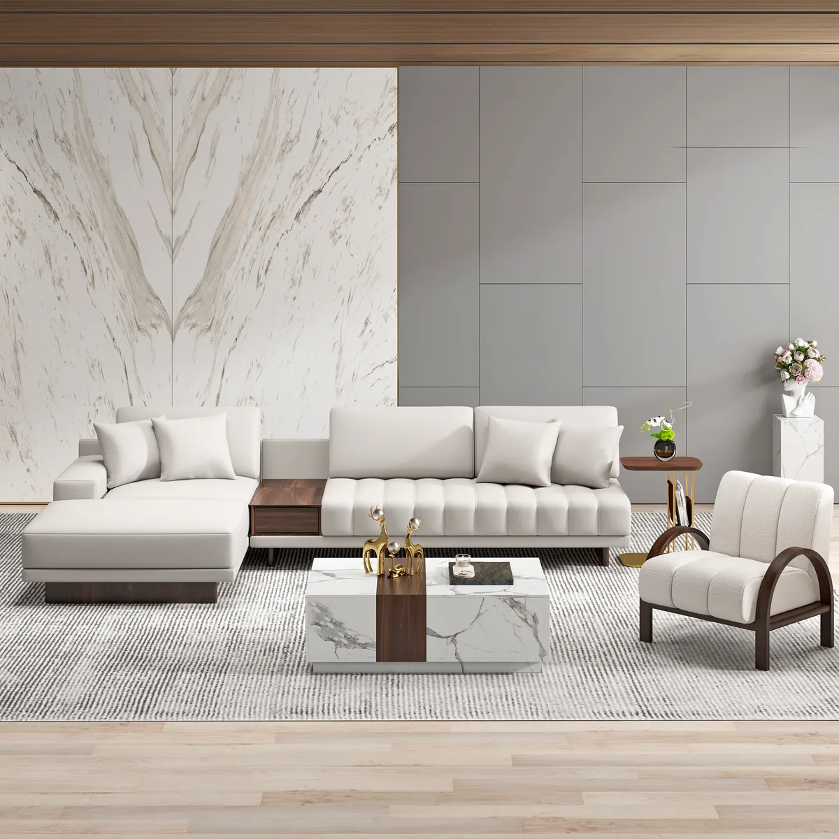 126" L-Shaped Off-White Modular Sectional Sofa with Ottoman for Living Room — image 15