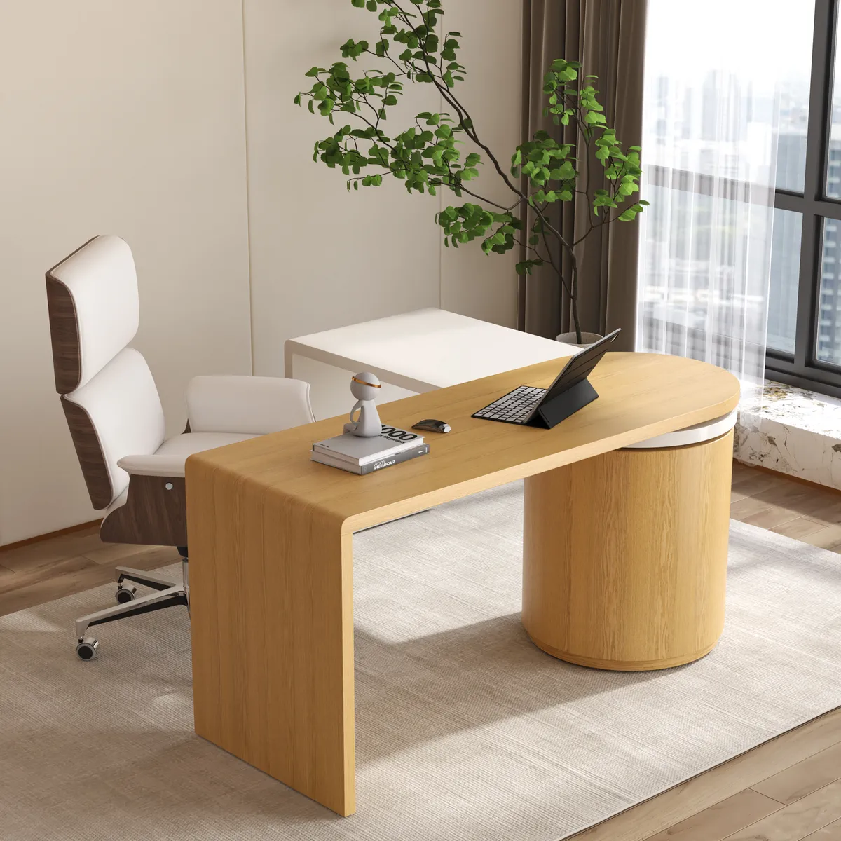 Modern Wash White L Shaped Desk & Off White Home Office Chair Set Upholstered Swivel