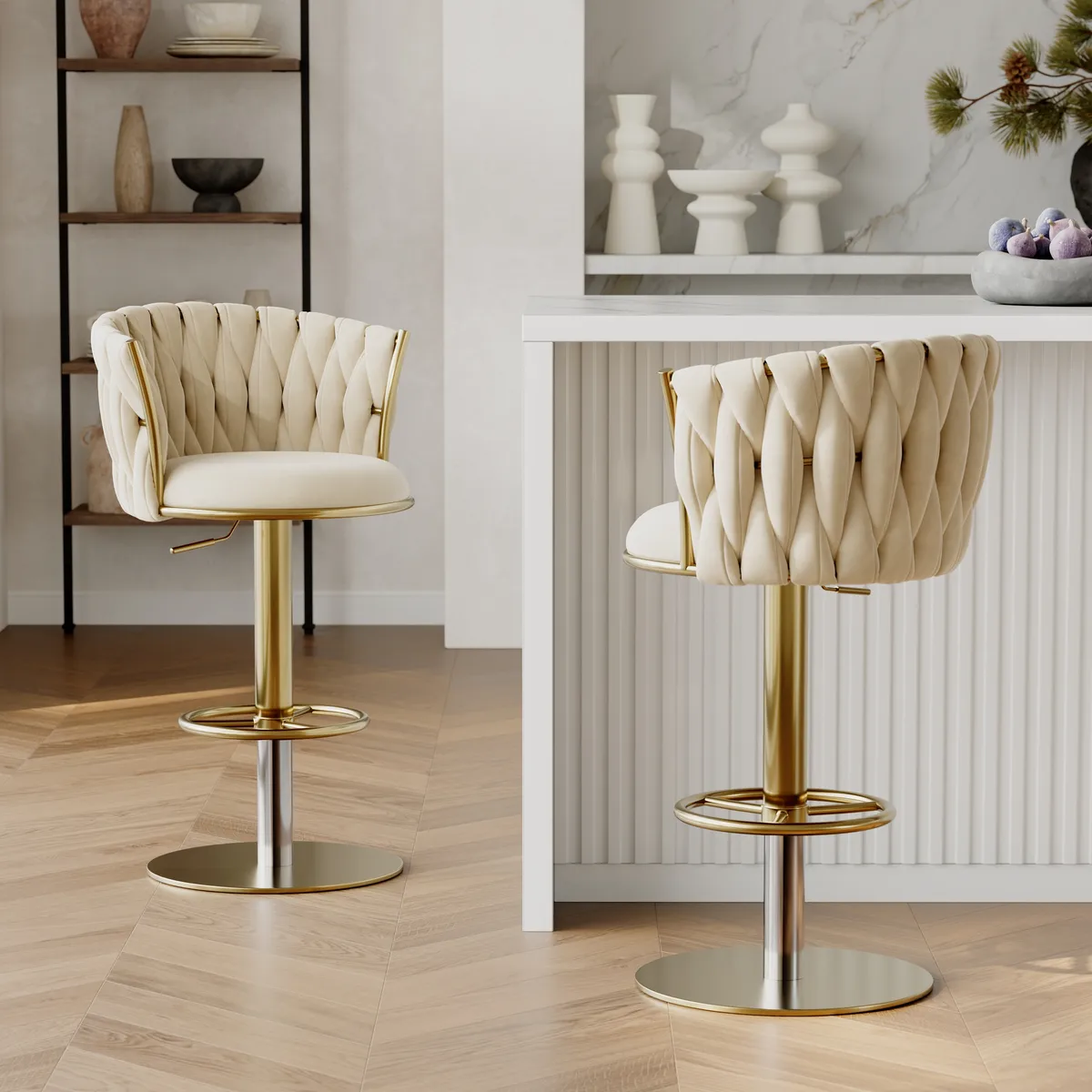Sweave Set of 2 Gray Swivel Bar Stools Velvet Curved Back Adjustable Height — image 3