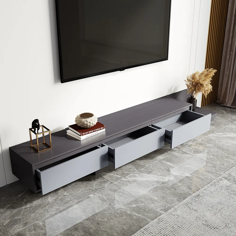Living Room Cabinet Set Rectangle Gray Extendable TV Stand & Wood Round Nesting Coffee Table — image 9