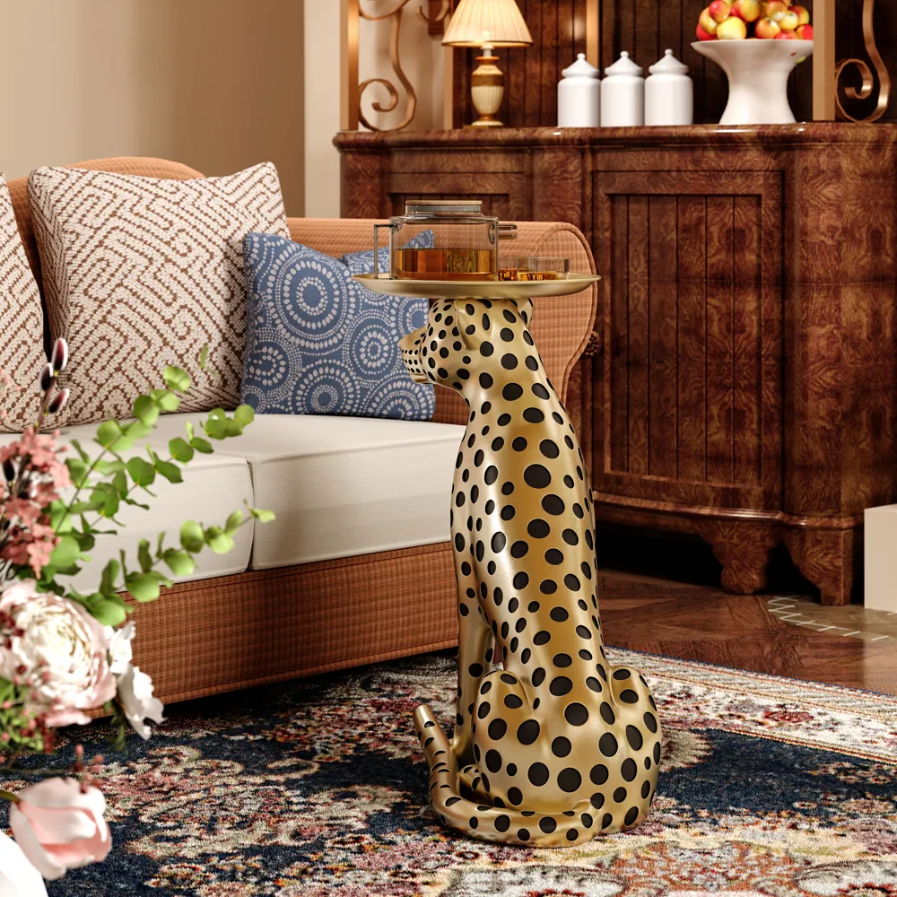 Resin Panther side Table Decorative Cocktail Luxury Gold Leopard Accent Table with Tray — image 6