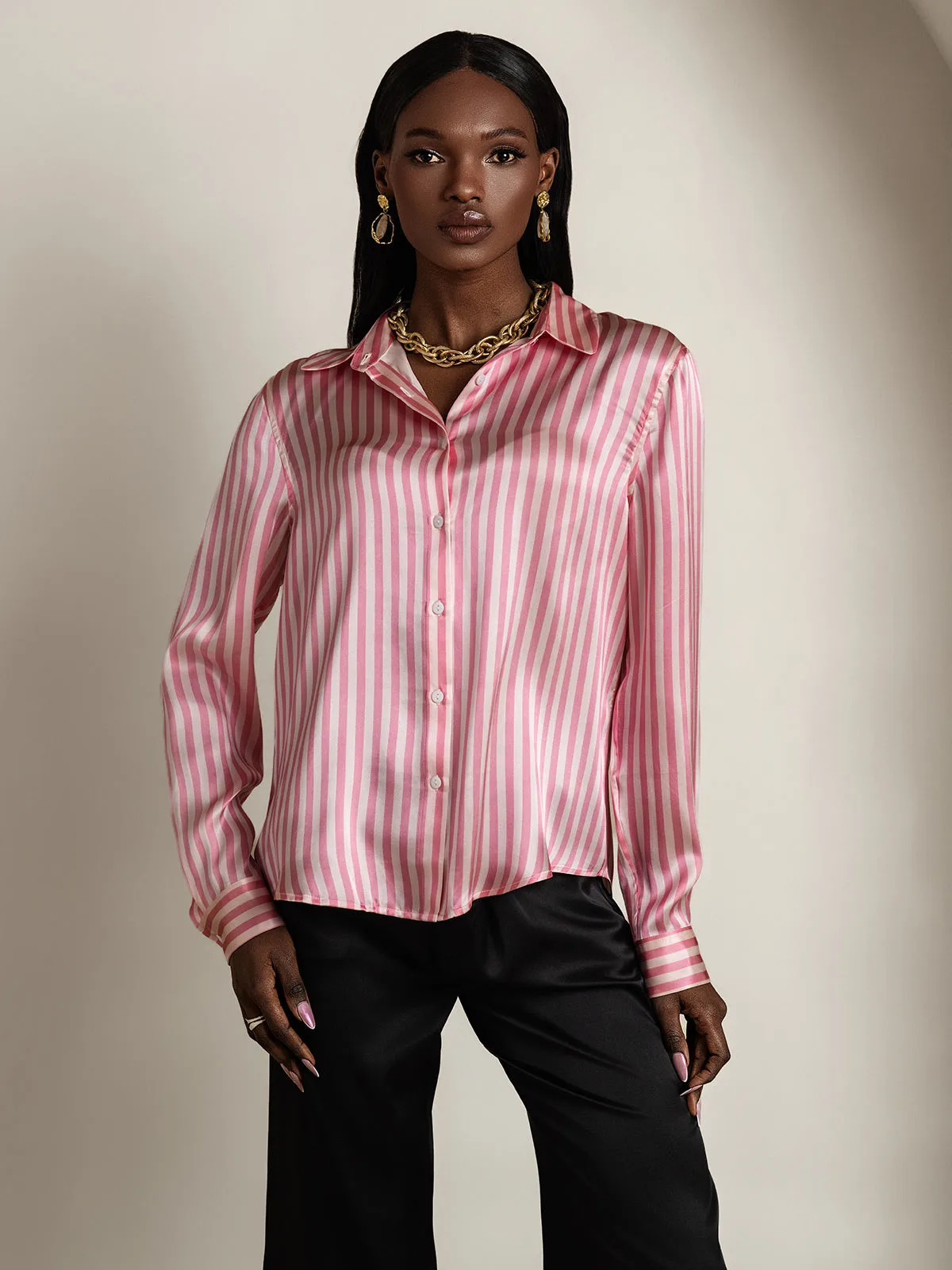 19Momme Silk Stripe Print Long Sleeve Lapel Collar Women's Shirt — image 4