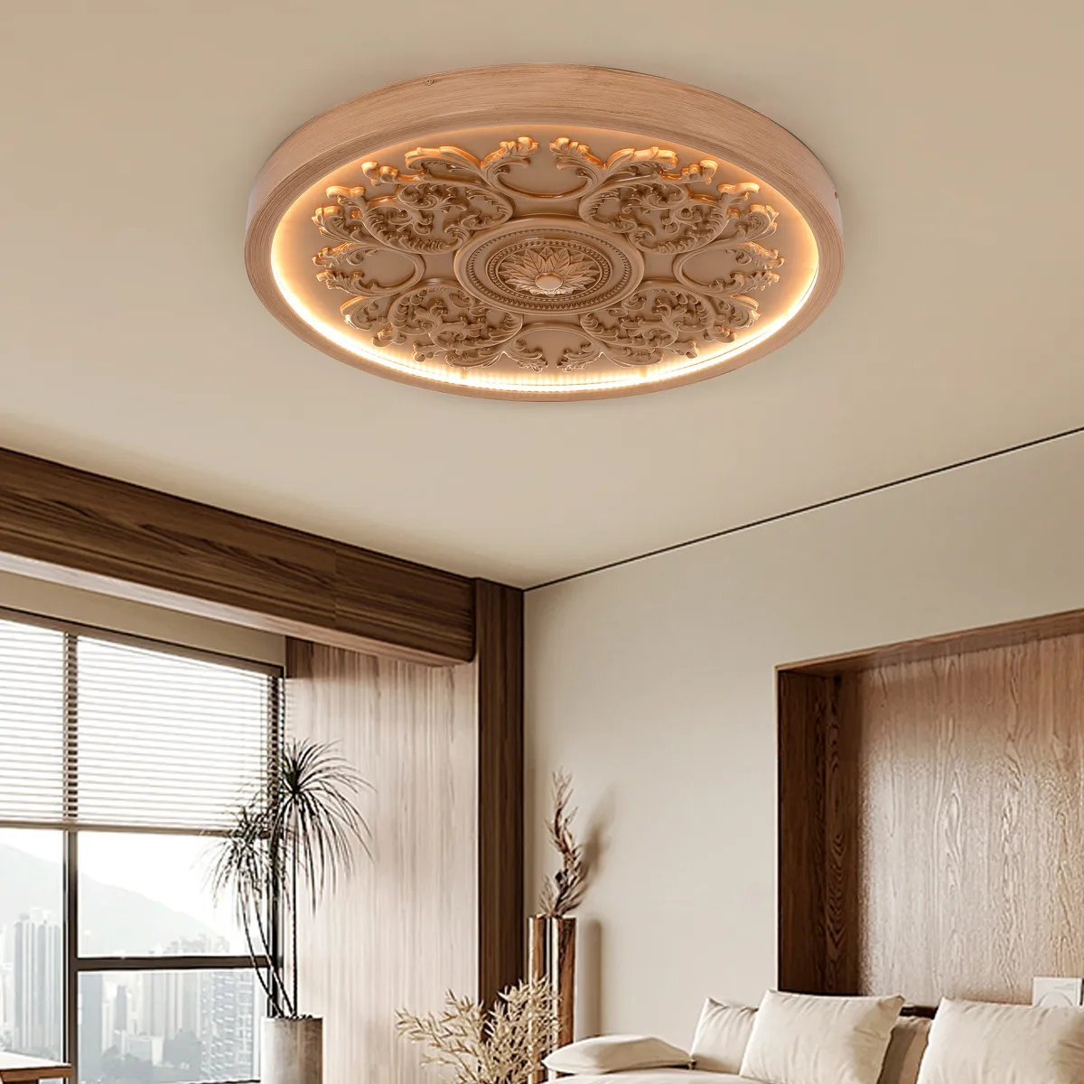 French Elegant White Resin 3D Carved LED Dimmable Flush Mount Ceiling Light — image 12