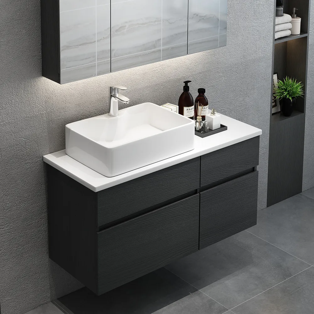 31.5" Walnut Floating Bathroom Vanity Left Offset Ceramic Vessel Sink