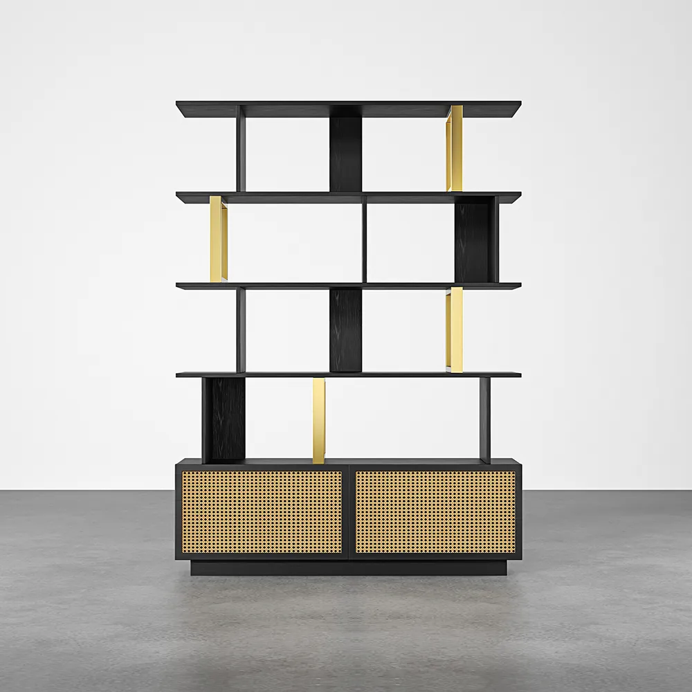 5-Tier Black Wood Bookshelf with 2 Doors Modern Bookcase in Gold Finish — image 7