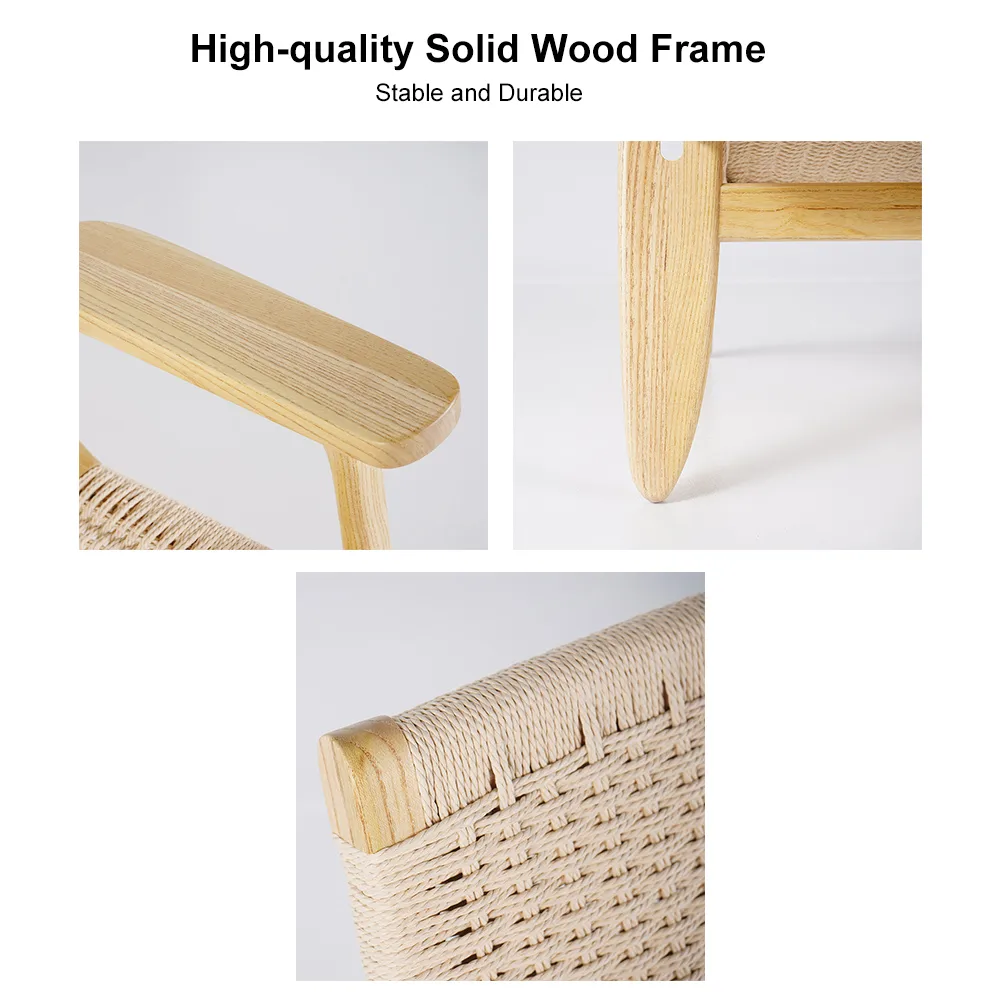 Japandi Solid Wood Outdoor Patio Lounge Chair Armchair Kraft Paper Rope Woven Seat — image 7