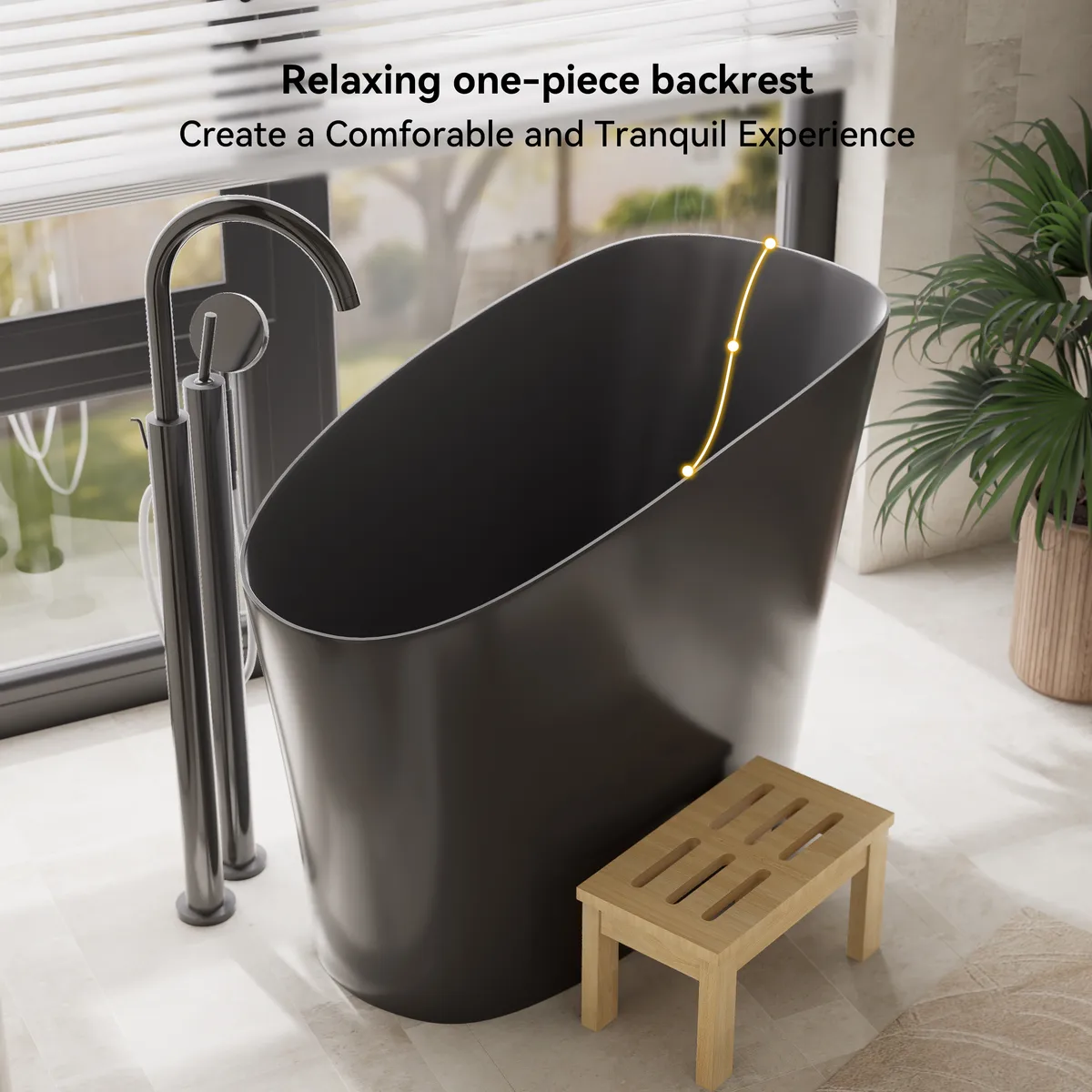 47" Japanese Irregular Freestanding Stone Resin Soaking Bathtub, Marble Look — image 26