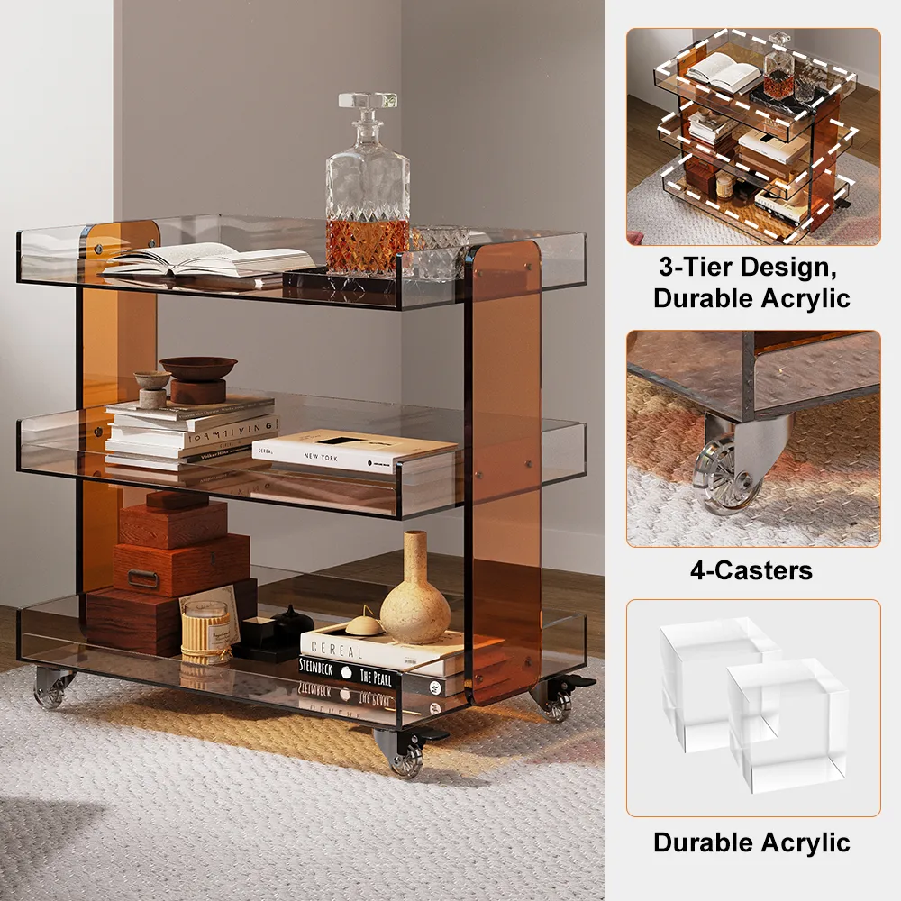 Amber Acrylic Rolling Serving Bar Cart 3-Tier on Wheels — image 8