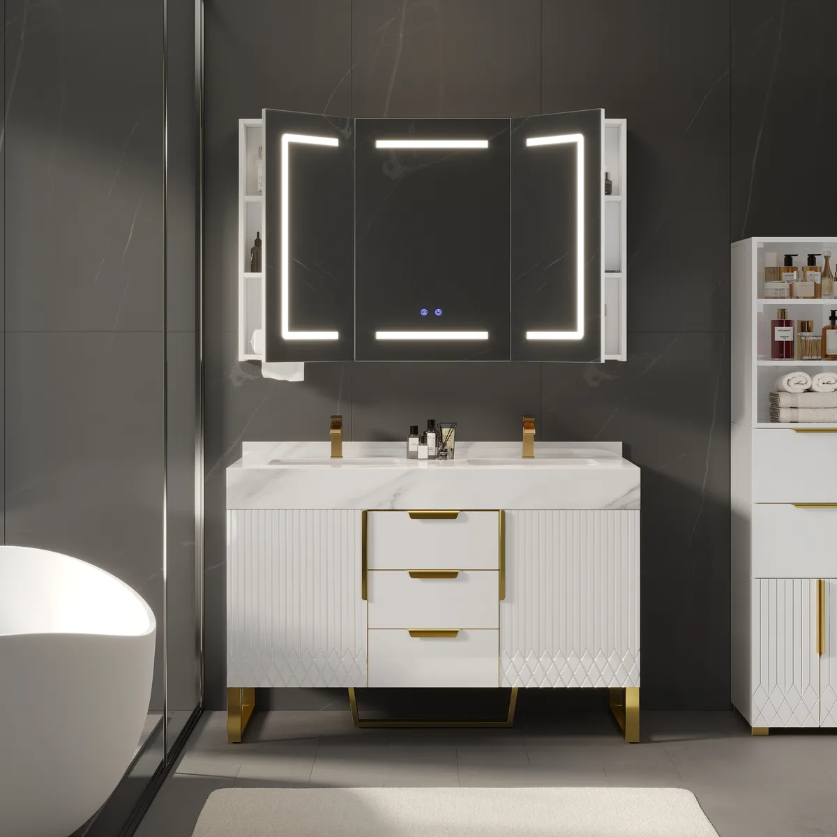 47" LED Bathroom Medicine Cabinet Dimmable with Defogger, Tissue Slot and Outlet — image 5