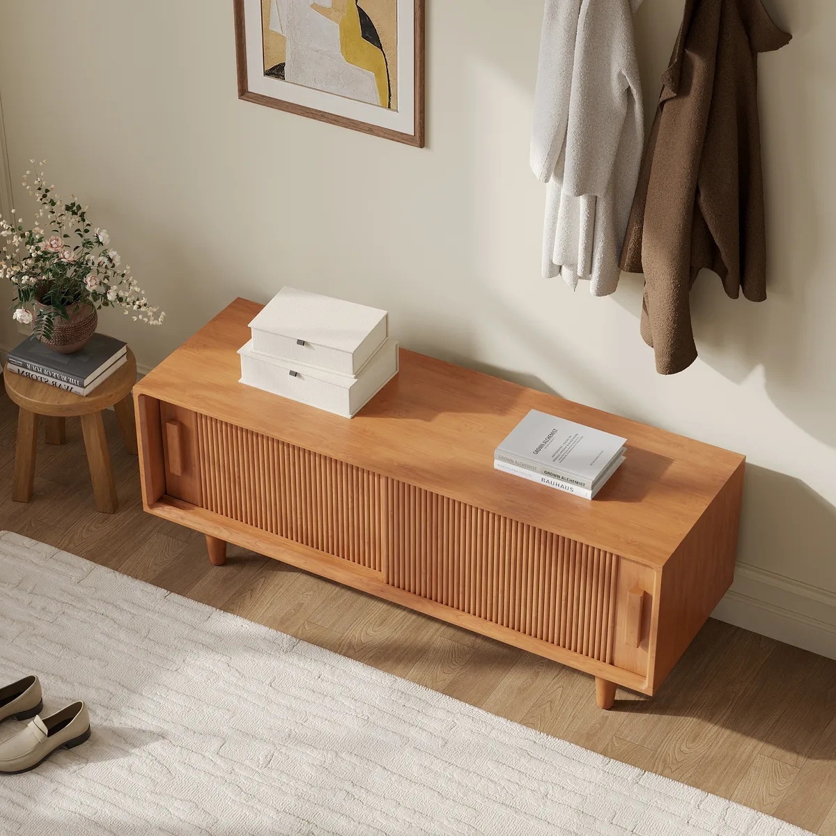 47.2" Solid Rubberwood Natural Entryway Bench with Storage — image 16