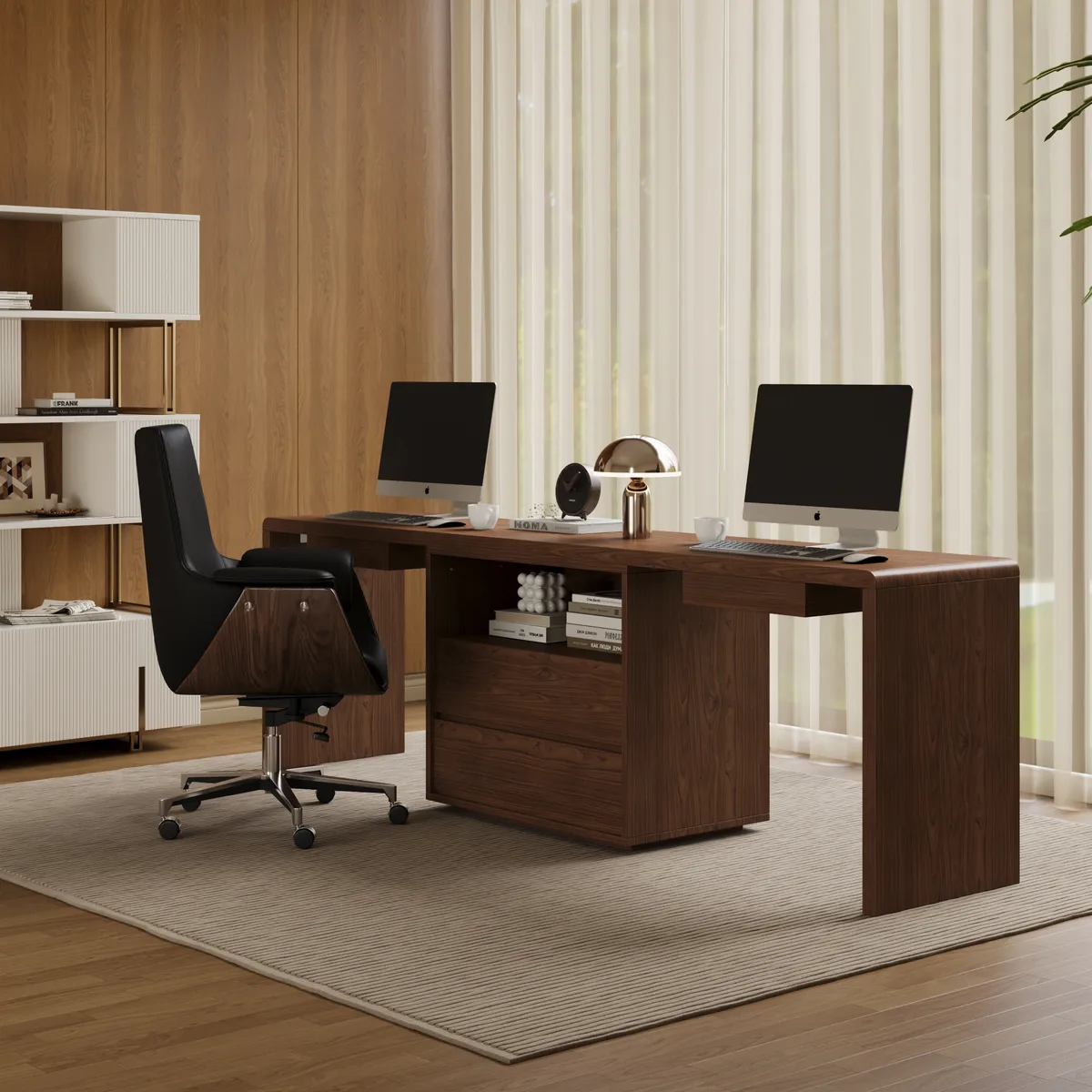 Modern 94" Rectangular Brown Double Desk with Drawers, Seats 2 — image 2