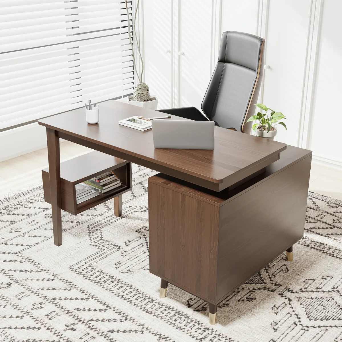 Ultic Gray Reversible L-Shaped Desk & Faux Leather Office Chair Set with Wheels — image 23