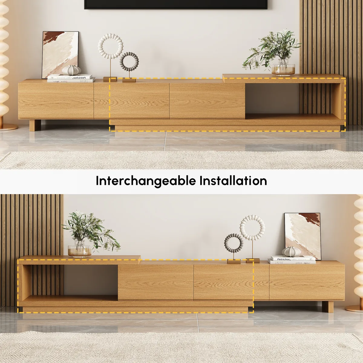 Quoint 100.4" Modern TV Stand Retracted & Extendable 3-Drawer Light Media Console — image 9