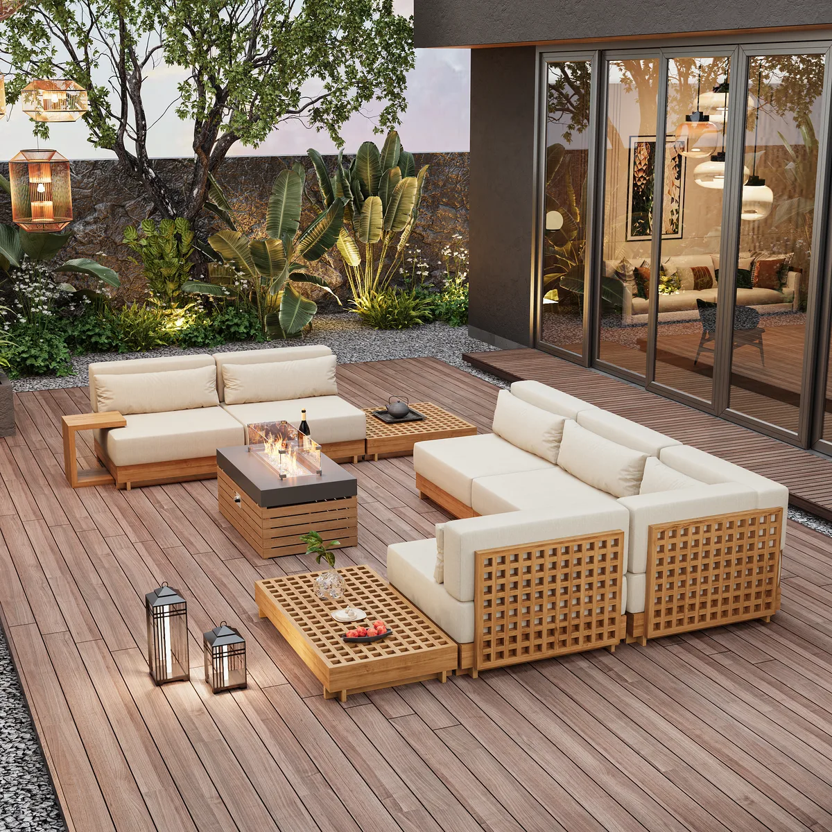 10 PCS Premium Teak Modular L-Shaped Outdoor Sofa Set with Fire Pit & Teak Coffee Table Large Outdoor & Patio Luxury Teak Sofa Set with Fire Pit — image 3