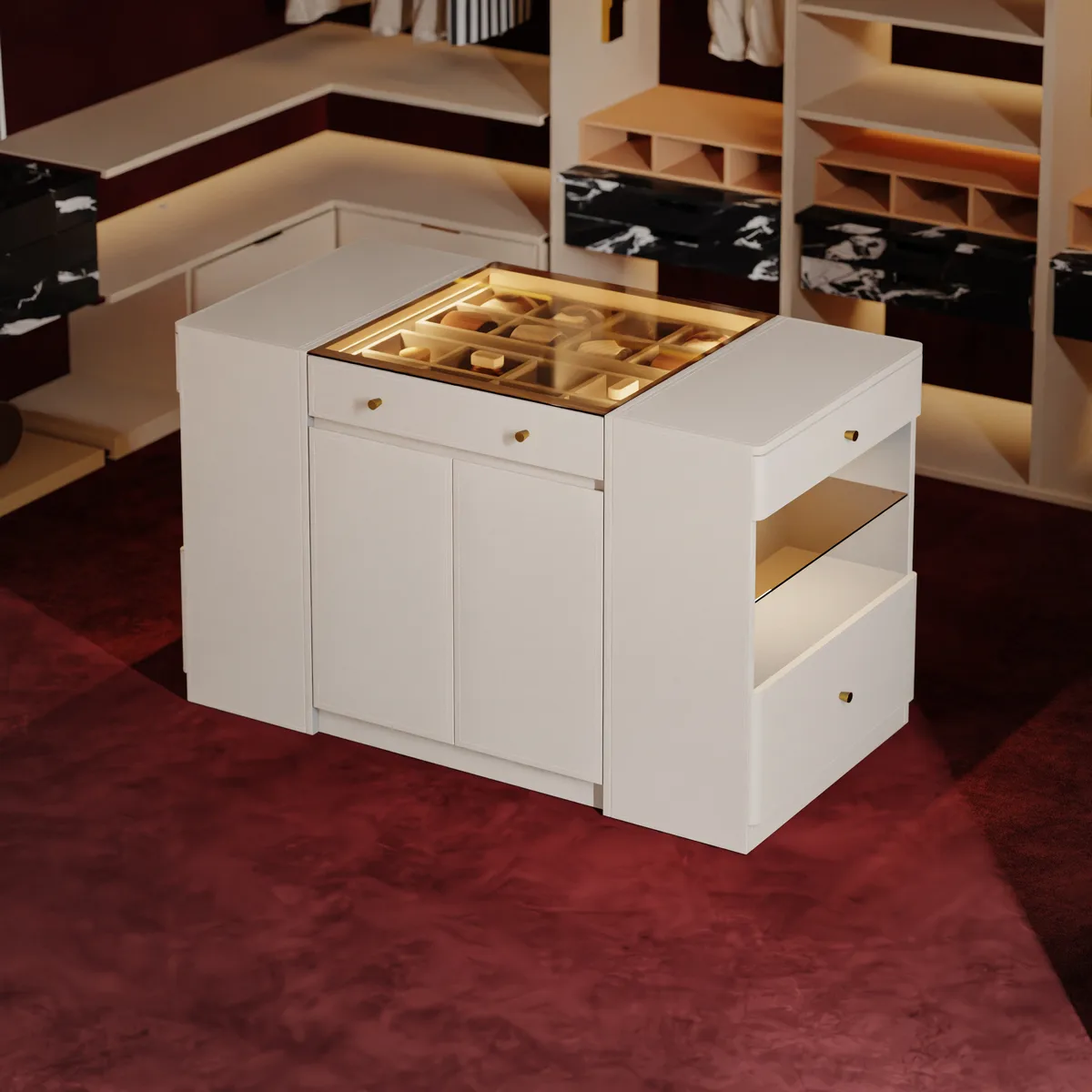 Selvo Saddle Leather Closet Island with Glass Top & Light — image 16
