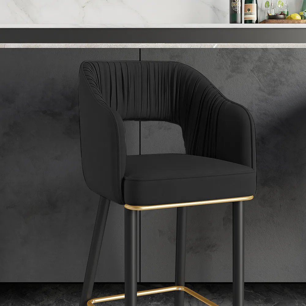 Modern Black Velvet Upholstered Bar Stool with Low Back & Footrest — image 9