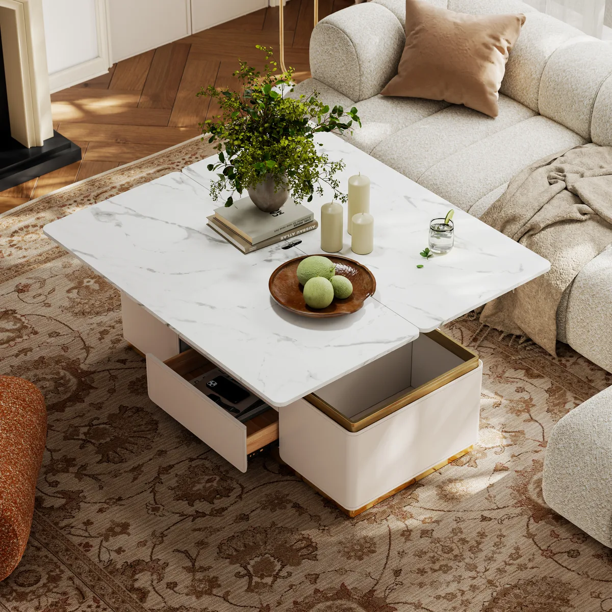 48" Ivory Saddle Leather Lift-Top Coffee Table with 2 Drawers — image 5