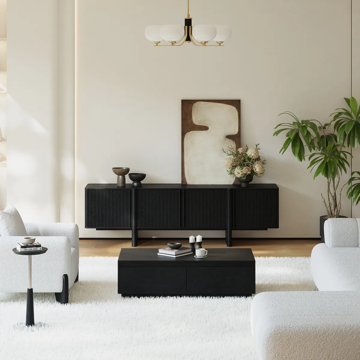 80" Solid Wood Fluted Black TV Stand with Cabinets — image 7
