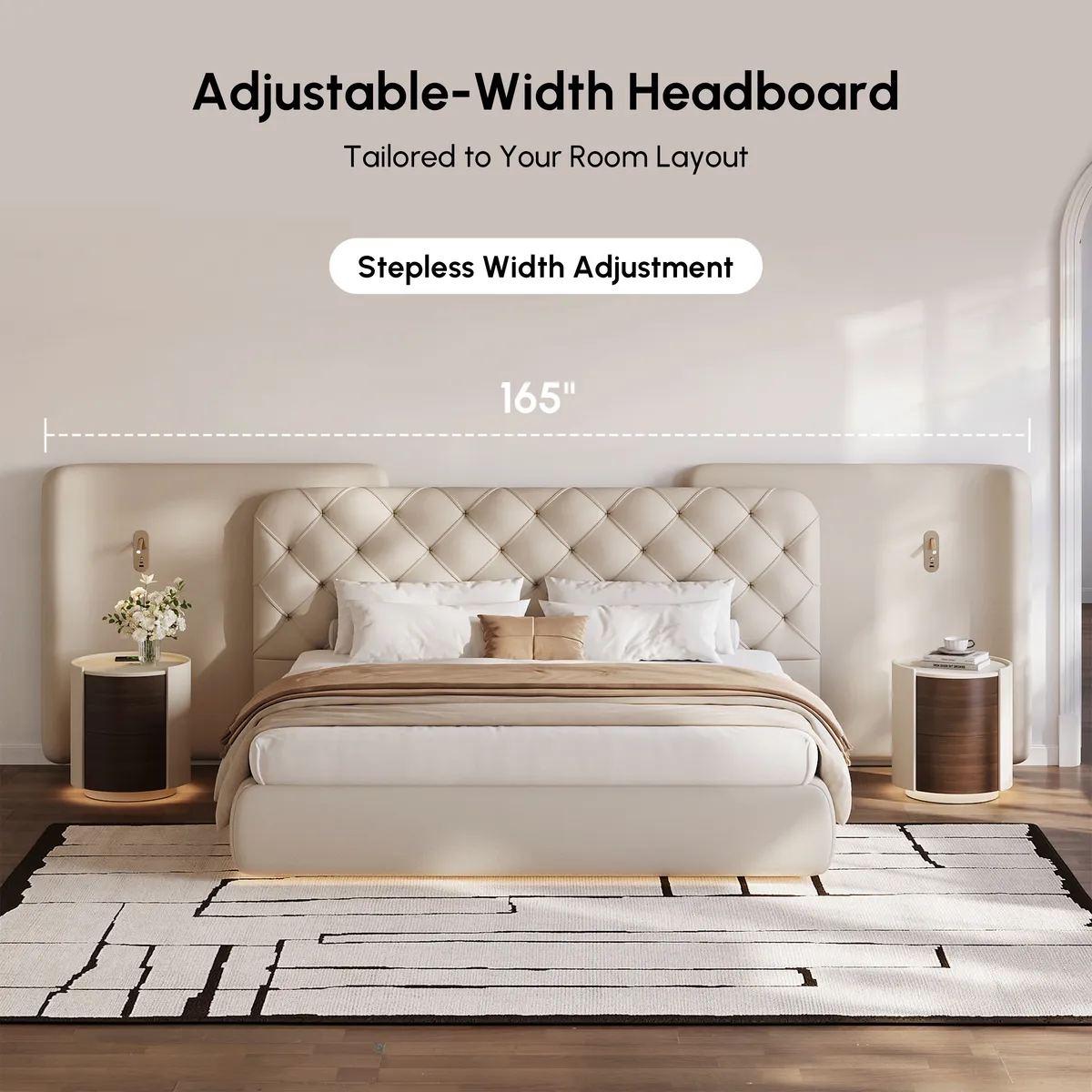 Modern King Genuine Leather Tufted Bed with Wide Charging Headboard & Light — image 9
