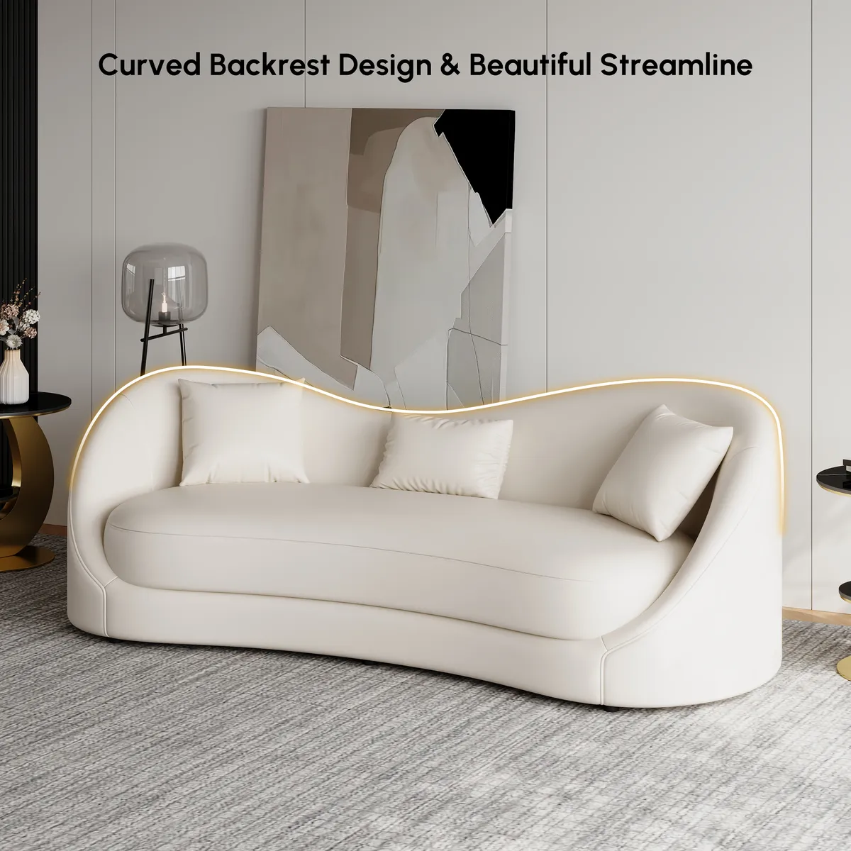 84" Performance Leather Curved Upholstered Sofa with Pillows — image 6