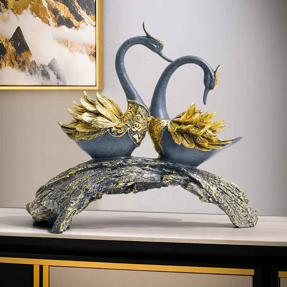 Swan Couple Resin Sculpture in Black & Silver for Home Table Decor