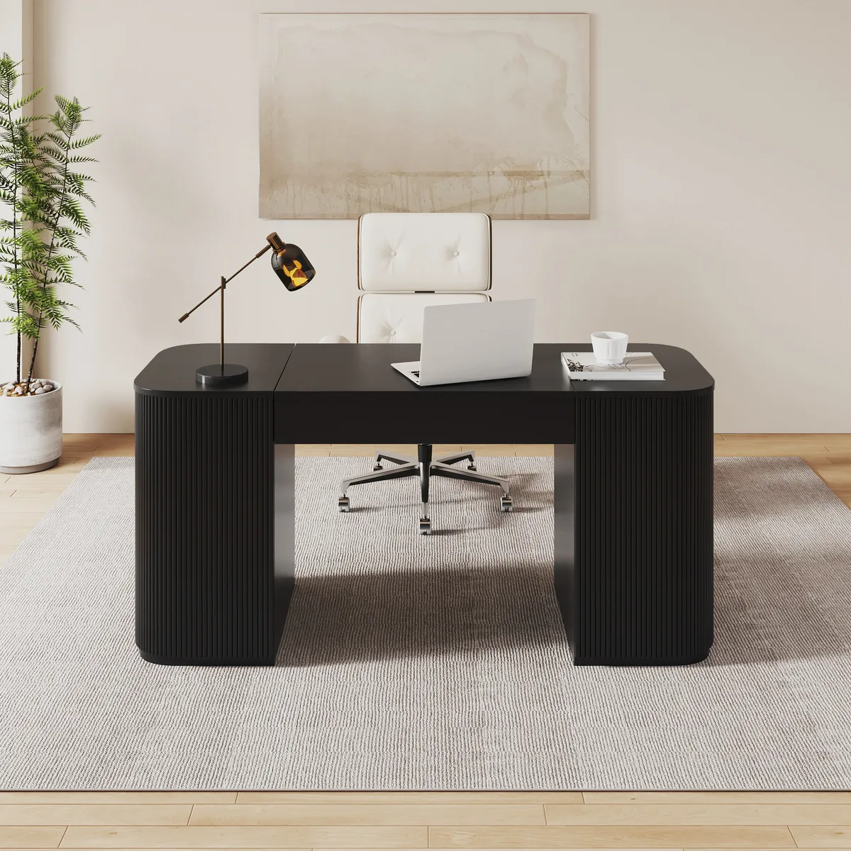 Modern 60" Black Standing Office Desk & Sliding Door Etagere Bookshelf — image 8