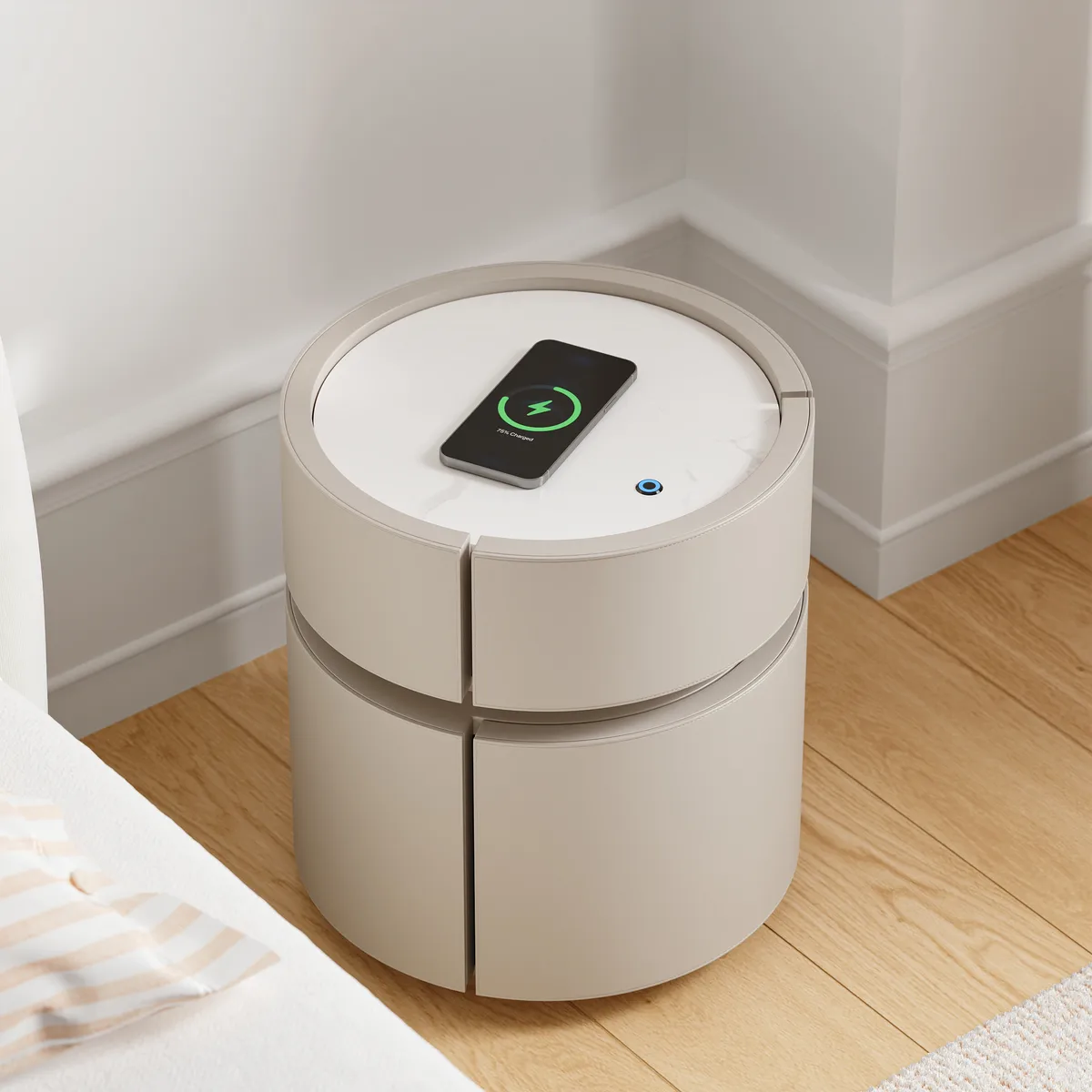 Round Saddle Leather Nightstand with Wireless Charging Bedside Table — image 8
