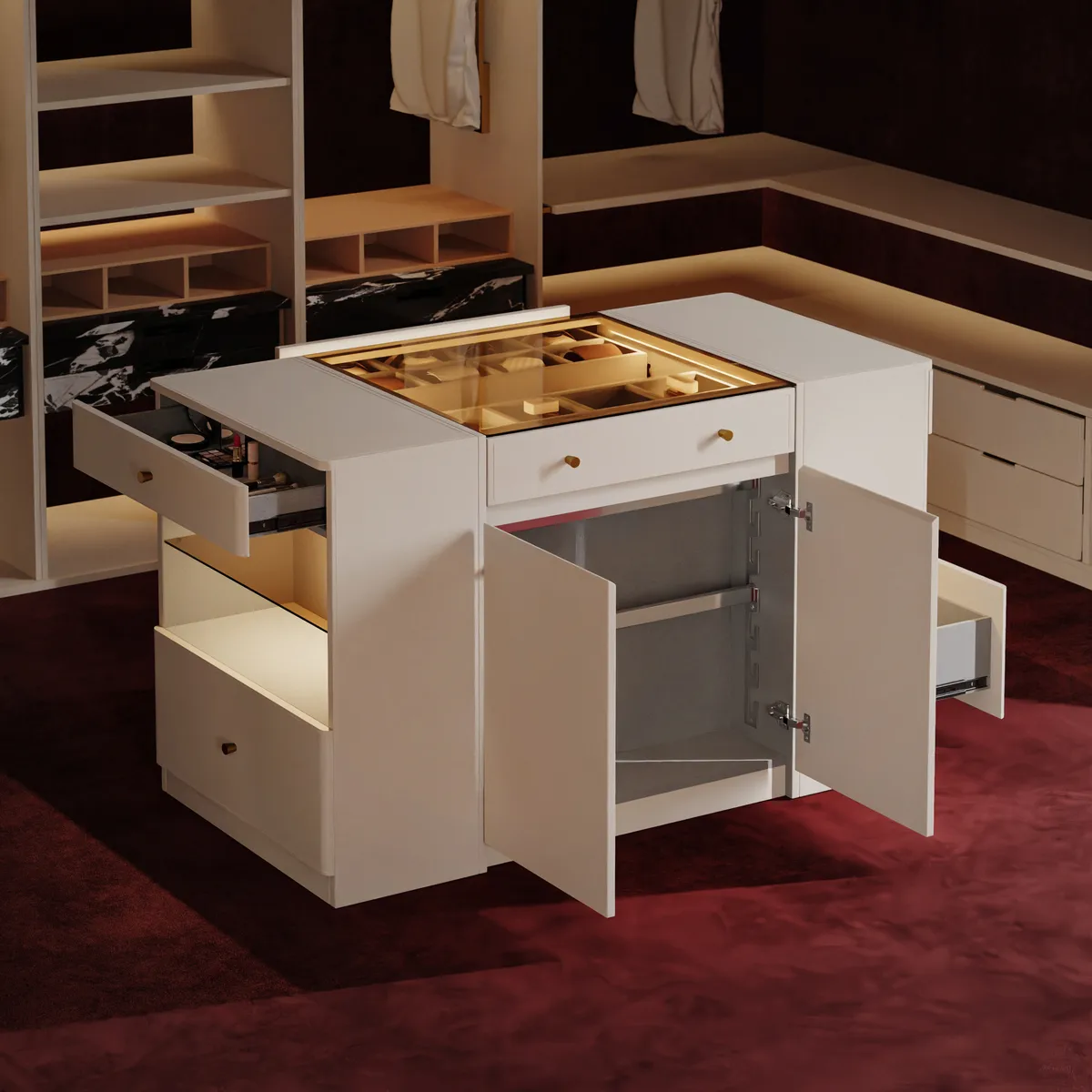 Selvo Saddle Leather Closet Island with Glass Top & Light — image 12