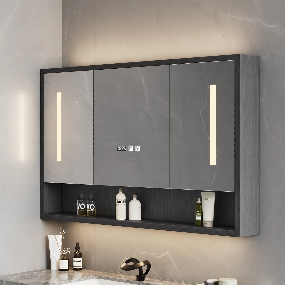 39" Black LED Medicine Cabinet with Adjustable Lighting, Demister & Digital Clock — image 2