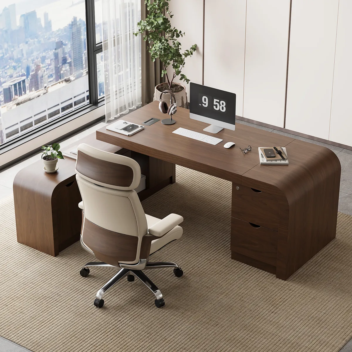 Black Genuine Leather Swivel Office Chair with Ergonomic Synchro-Tilt Recline System — image 17