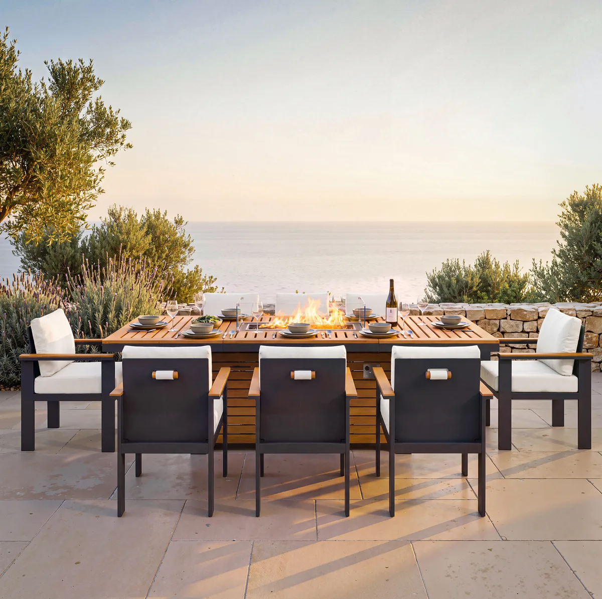 Tevara 7 Pieces Outdoor Dining Set with Propane Fire Pit Table & Aluminum Armchair — image 13