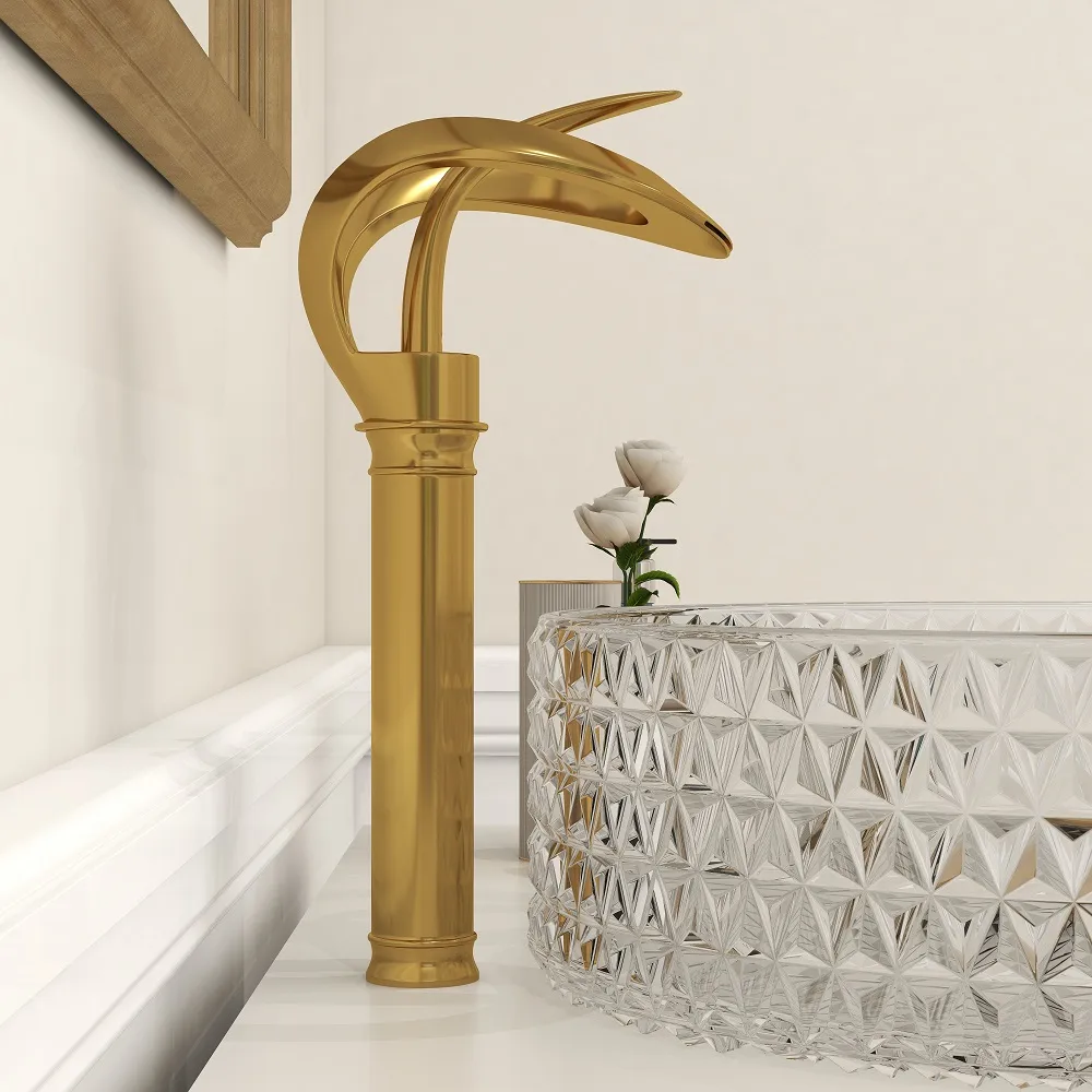 Modern Gold Waterfall Bathroom Vessel Sink Faucet Single Handle Solid — image 7