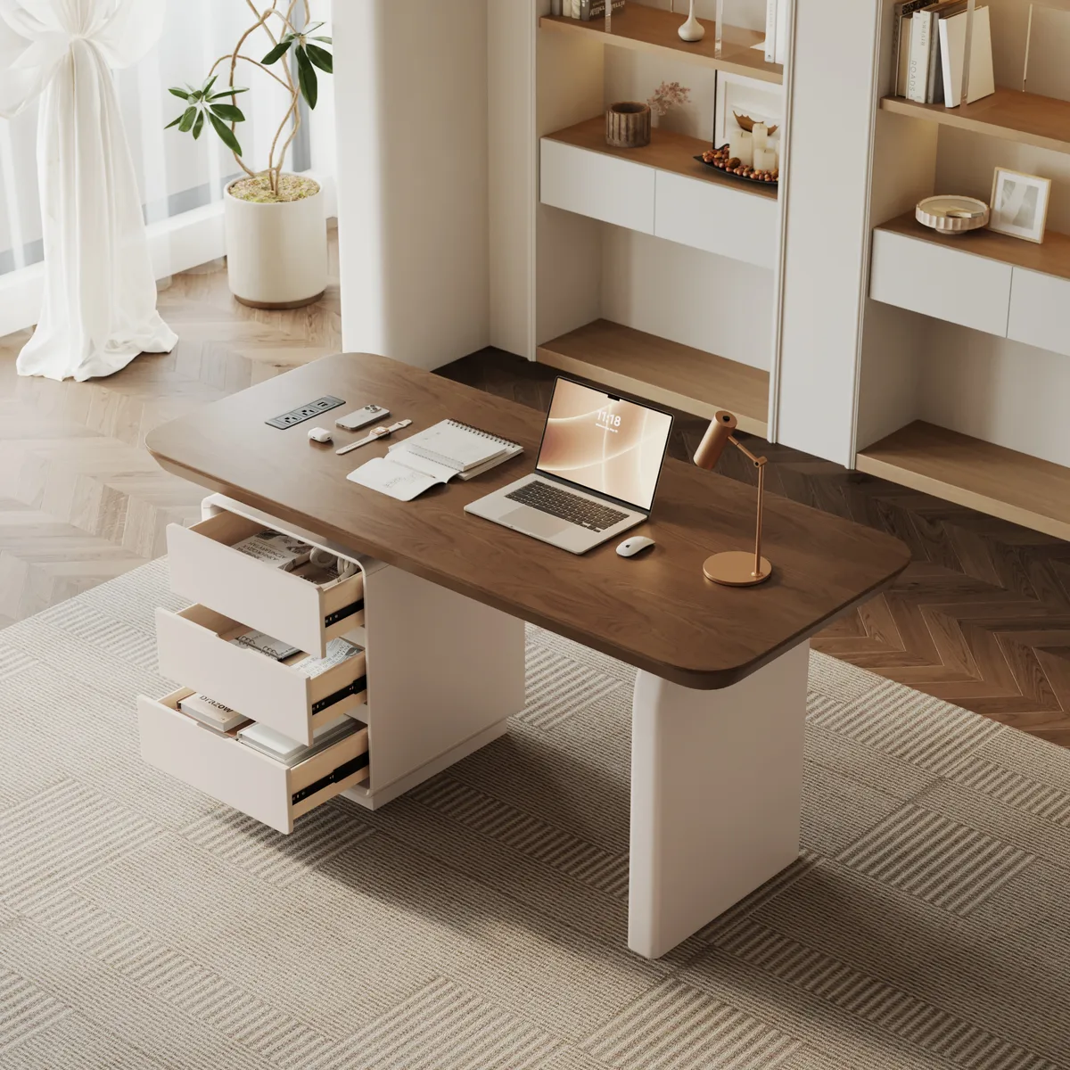 Modern 63” Rectangular Walnut Wood Desk with charging station & storage — image 3