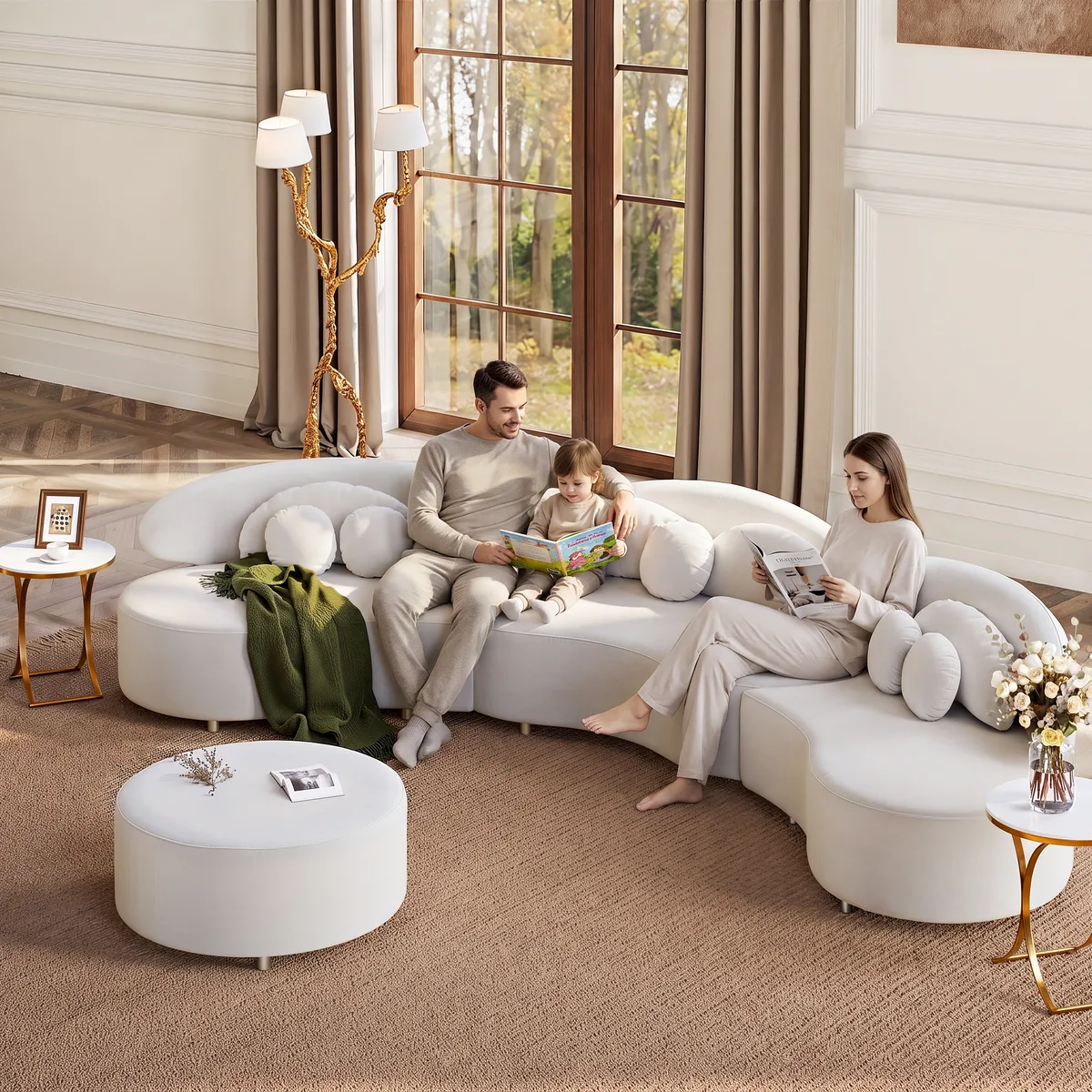 Modern 7 Seat Sectional Sofa Curved Modular Beige Velvet Upholstered with Ottoman — image 2