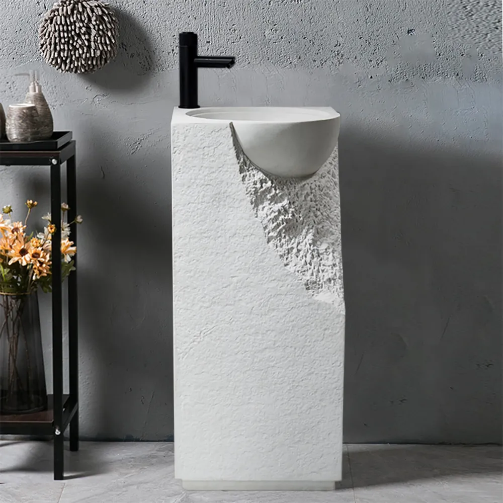 34" Japandi Tall Stone Resin Pedestal Sink with Rounded Basin Freestanding